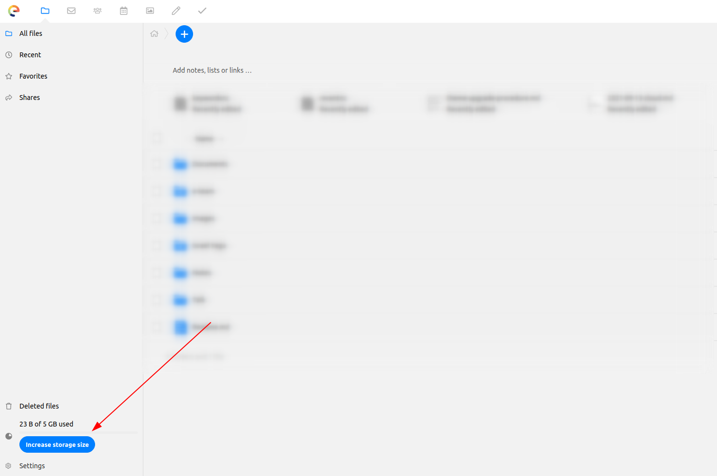 Increase storage size button Screen showing "Increase storage Size" button