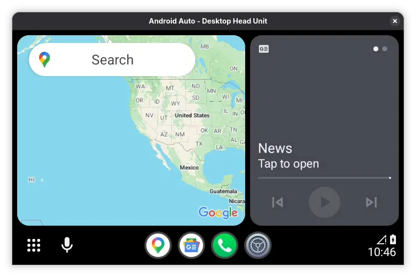 Fenêtre Desktop Head Unit montrant Google Maps entièrement chargé avec une barre de recherche, et une carte News
