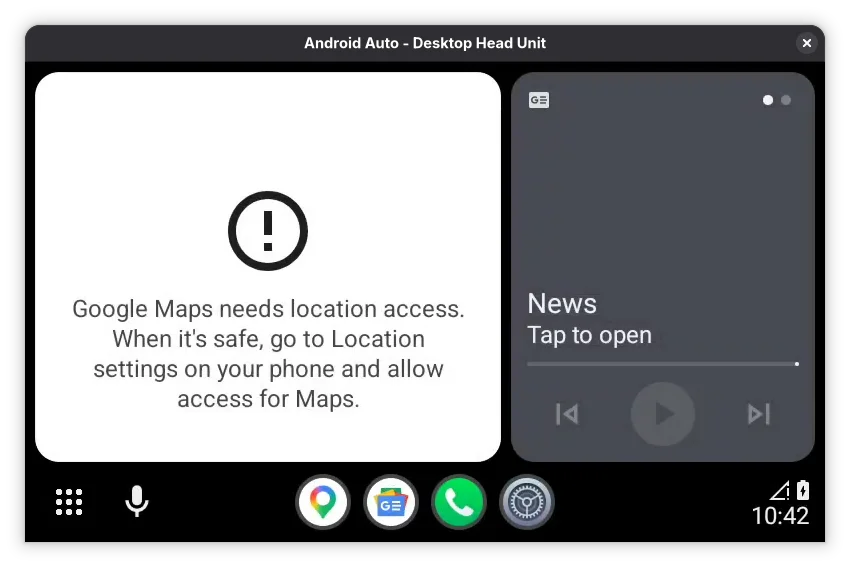 Fenêtre Desktop Head Unit montrant l’interface complète d’Android Auto : grille d’applications, une carte News, et un avertissement indiquant que Google Maps nécessite l’accès à la localisation