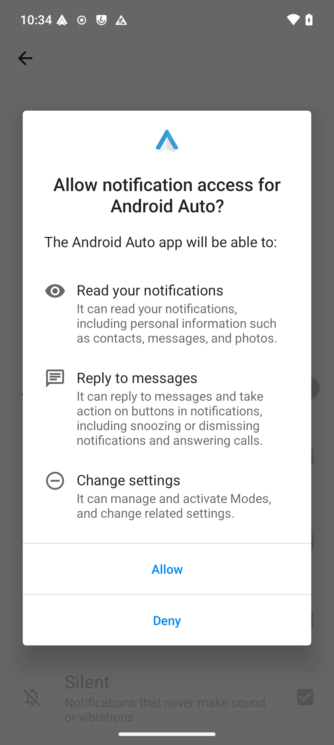 Boîte de dialogue de confirmation : «Allow notification access for Android Auto?» listant ce que l’application pourra faire