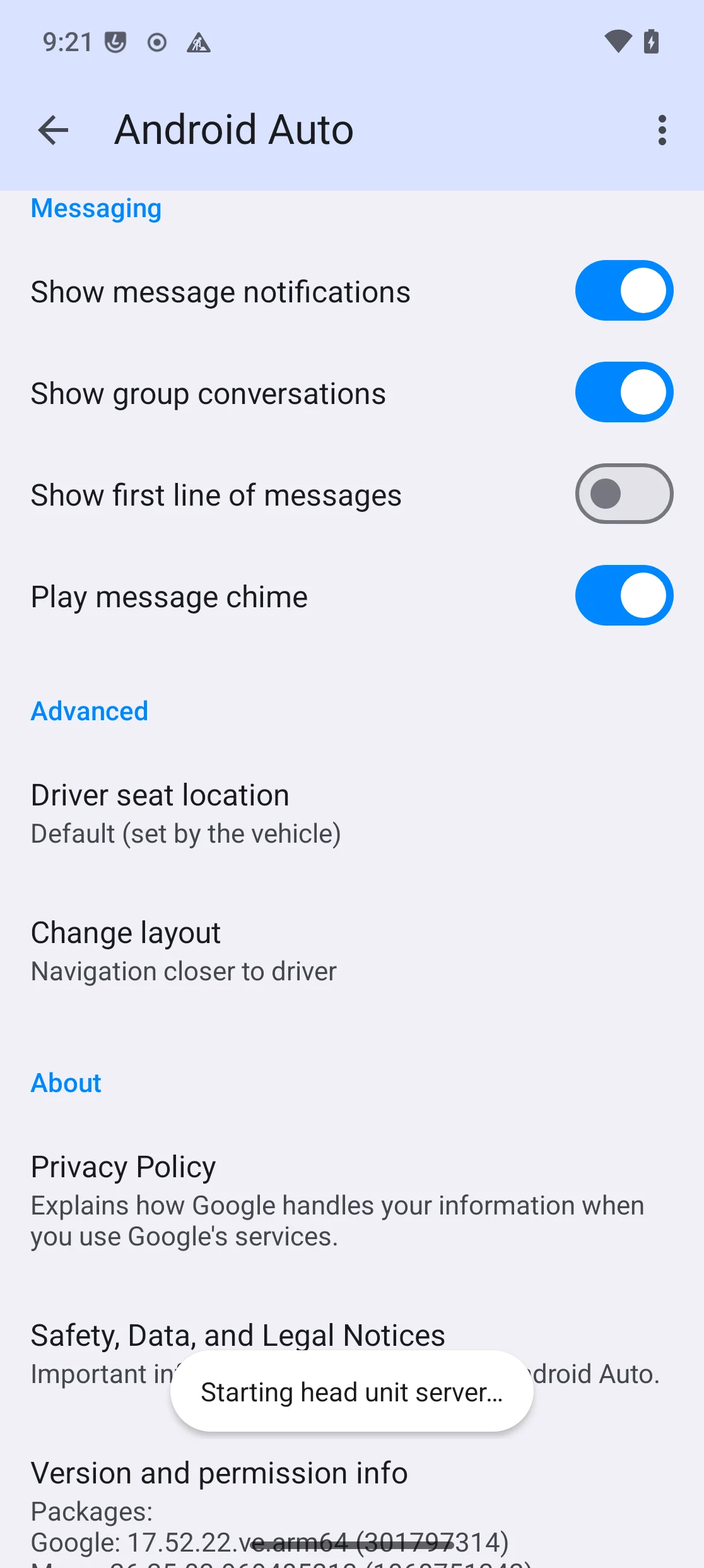 Notification toast : «Starting head unit server…»