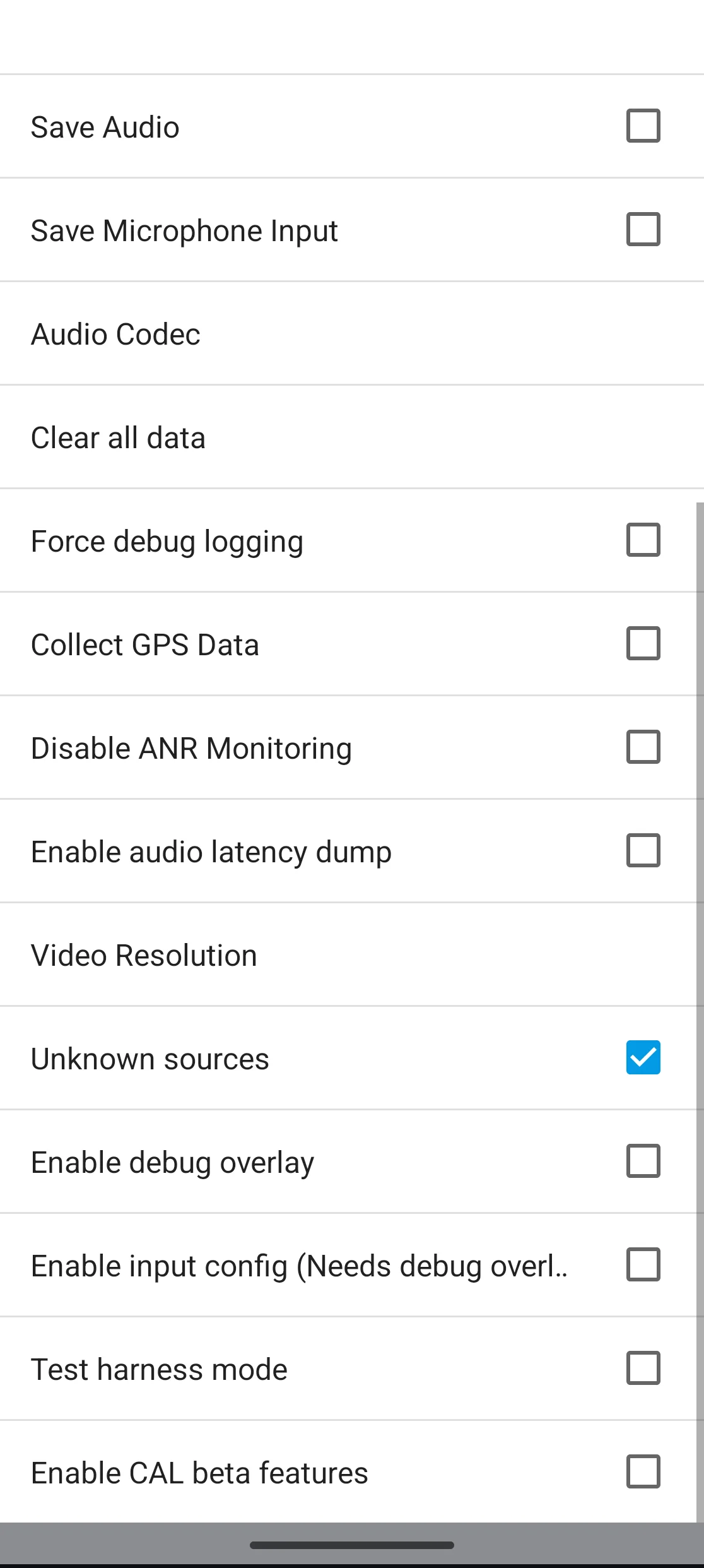Page Developer settings avec le commutateur Unknown sources activé
