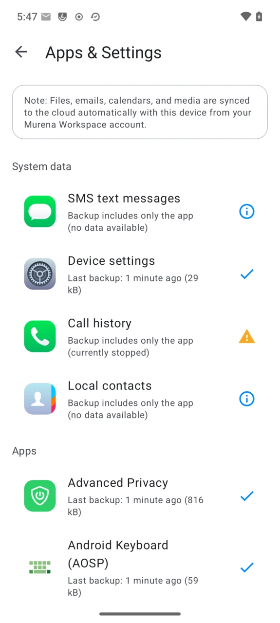 Apps & Settings detail list showing per-app backup status