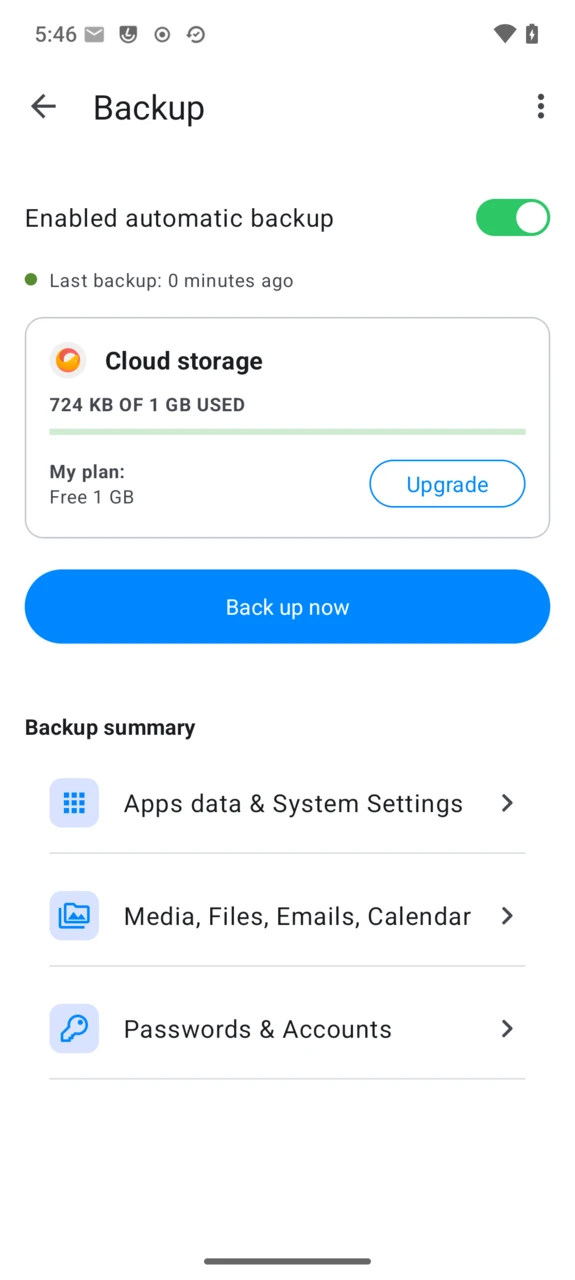 Backup dashboard with automatic backup enabled