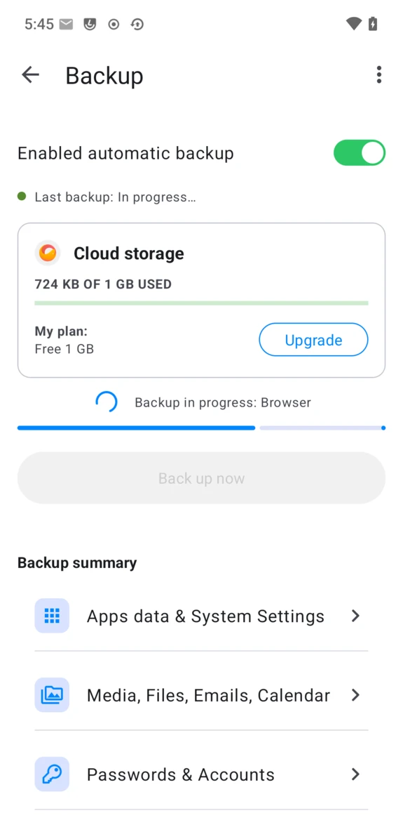 Backup in progress with a per-item status line