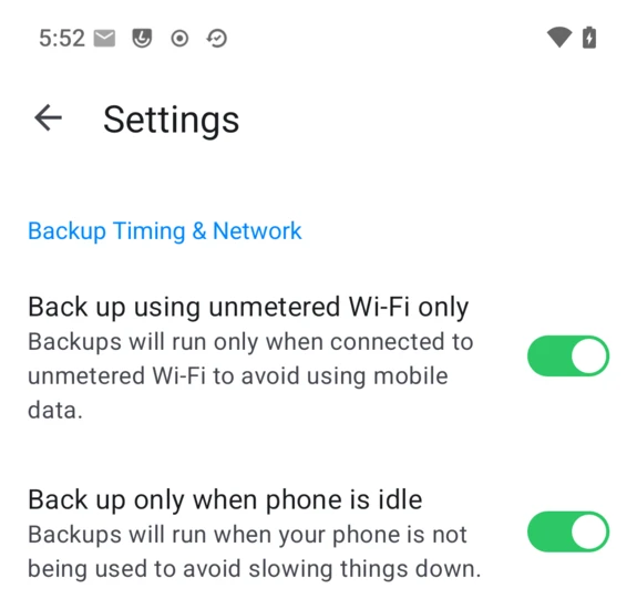 Backup Timing & Network settings screen