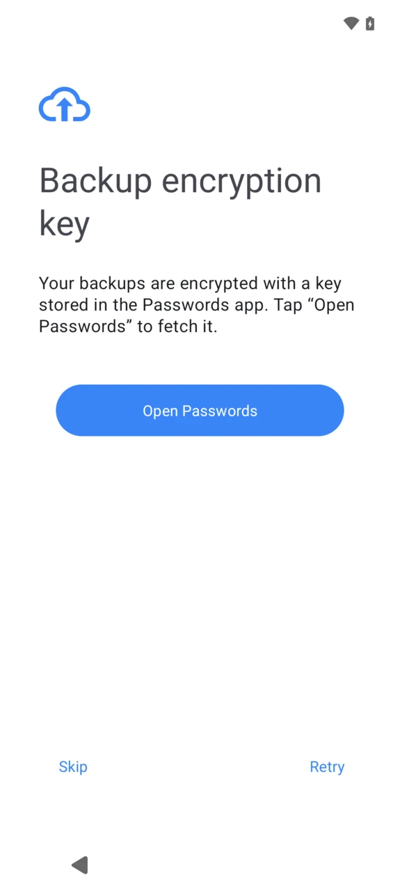 Backup encryption key screen with an Open Passwords button