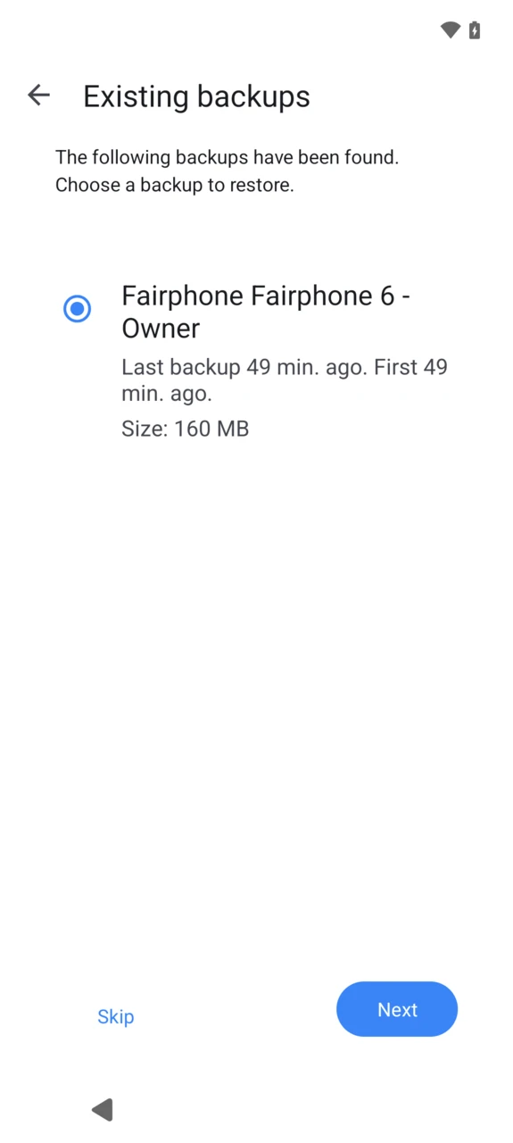 Existing backups screen listing a phone with its last backup time and size