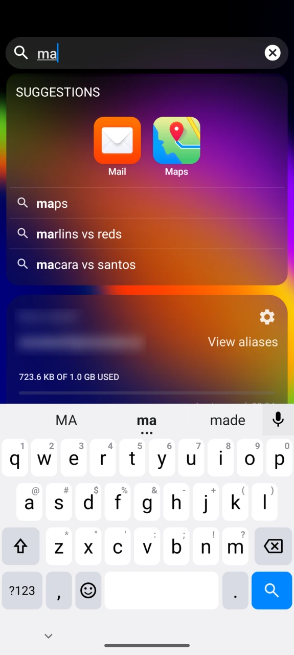 Search results showing matching apps and web suggestions