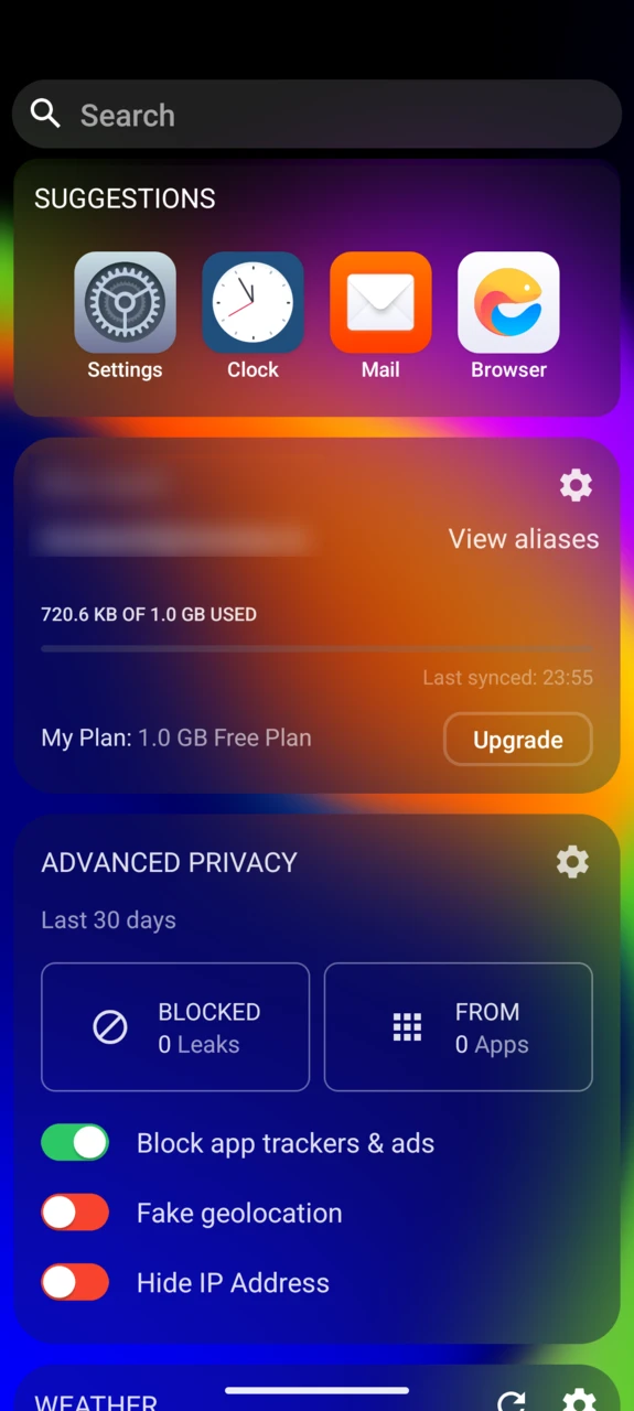 The widget screen with the Murena Workspace, Advanced Privacy and Weather widgets