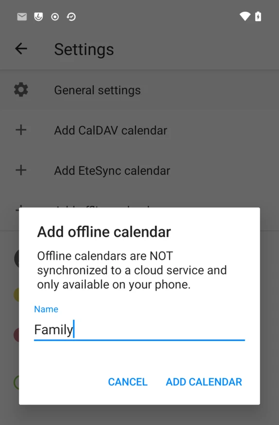 Add offline calendar dialog with a name entered