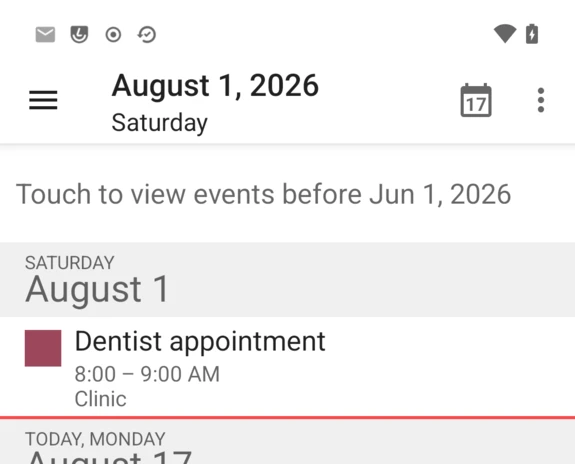 Agenda view showing the saved event with its time and location