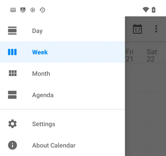Navigation drawer with Day, Week, Month, Agenda, Settings and About Calendar