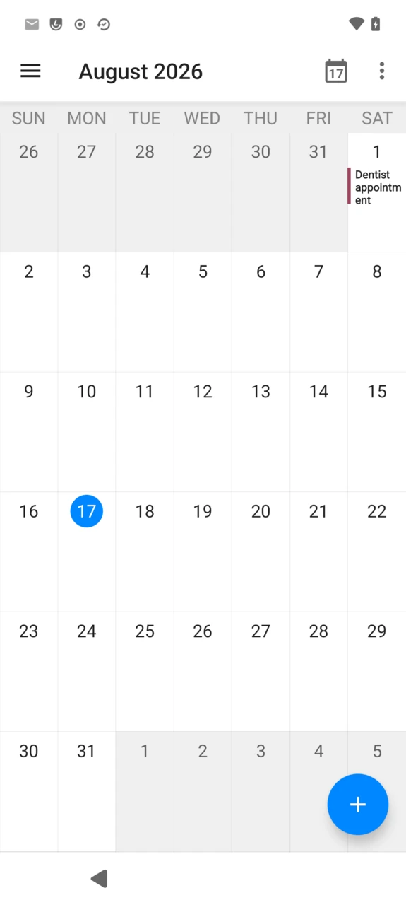 Calendar month view with one event