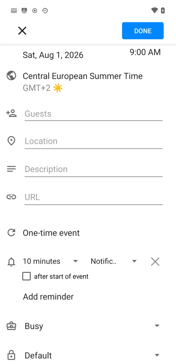 Event fields: location, description, URL, recurrence, reminder, busy status and privacy