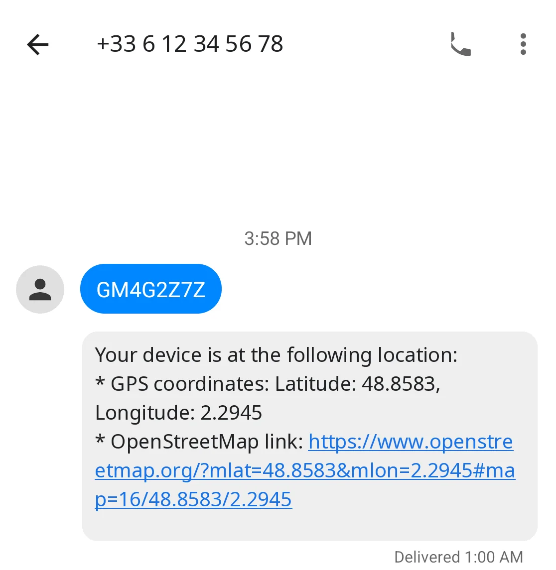 The secret code sent by SMS and the location reply from the phone