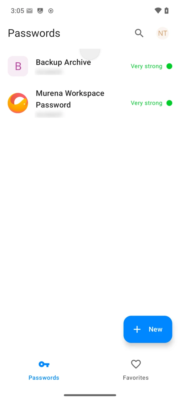 Passwords list with two saved entries