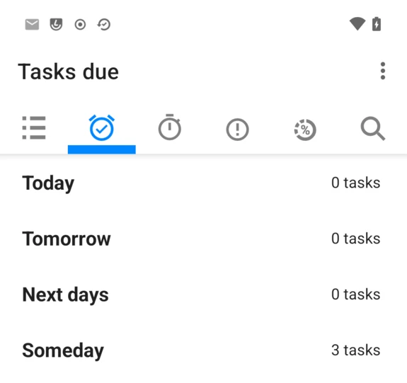 Tasks due tab grouped into Today, Tomorrow, Next days and Someday