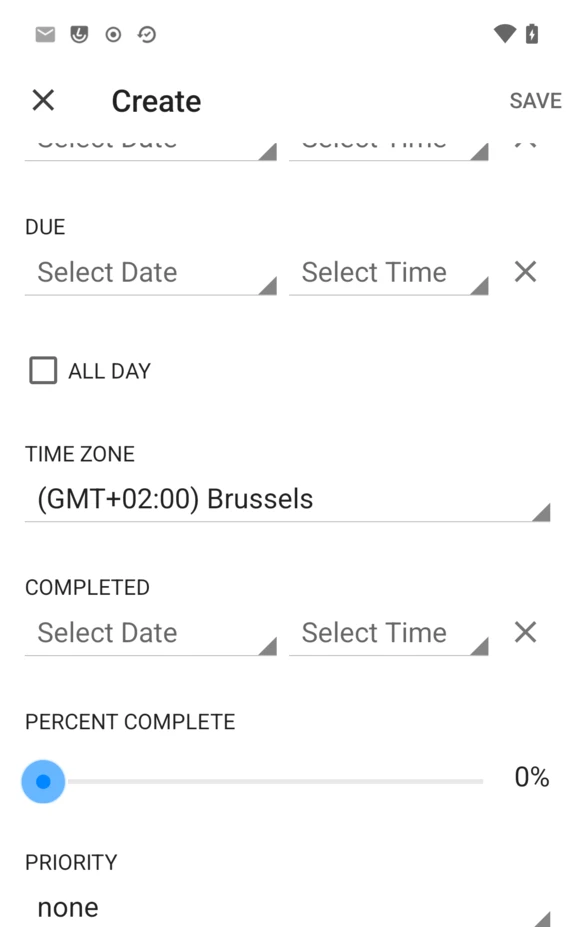 More task fields: due date, completed date, percent complete slider, and priority