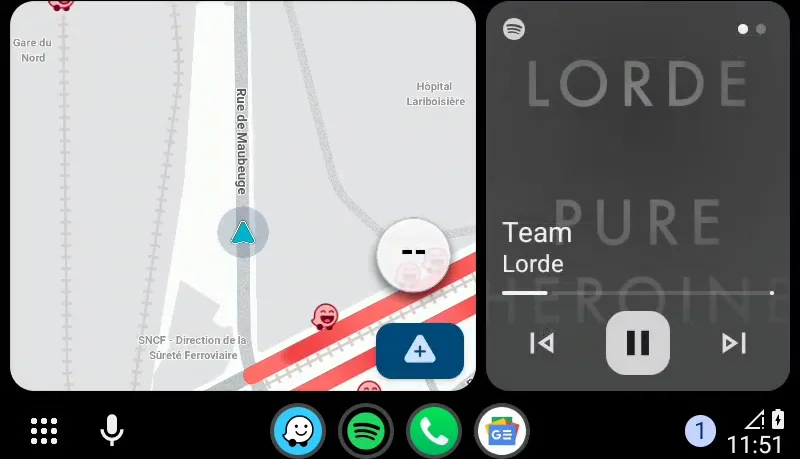 Android Auto running on the Desktop Head Unit, showing Waze navigation and Spotify playback side by side