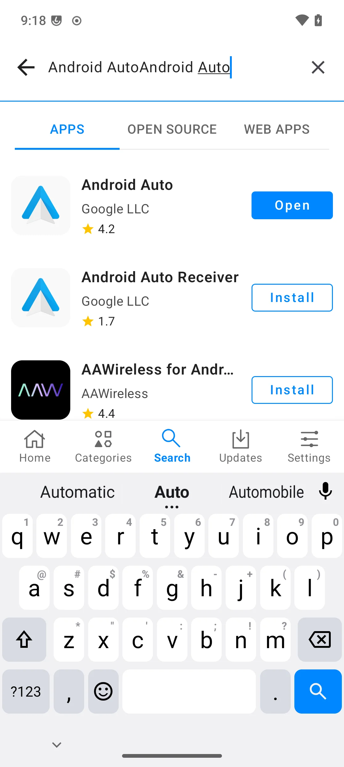 App Lounge showing Android Auto installed, with an Open button
