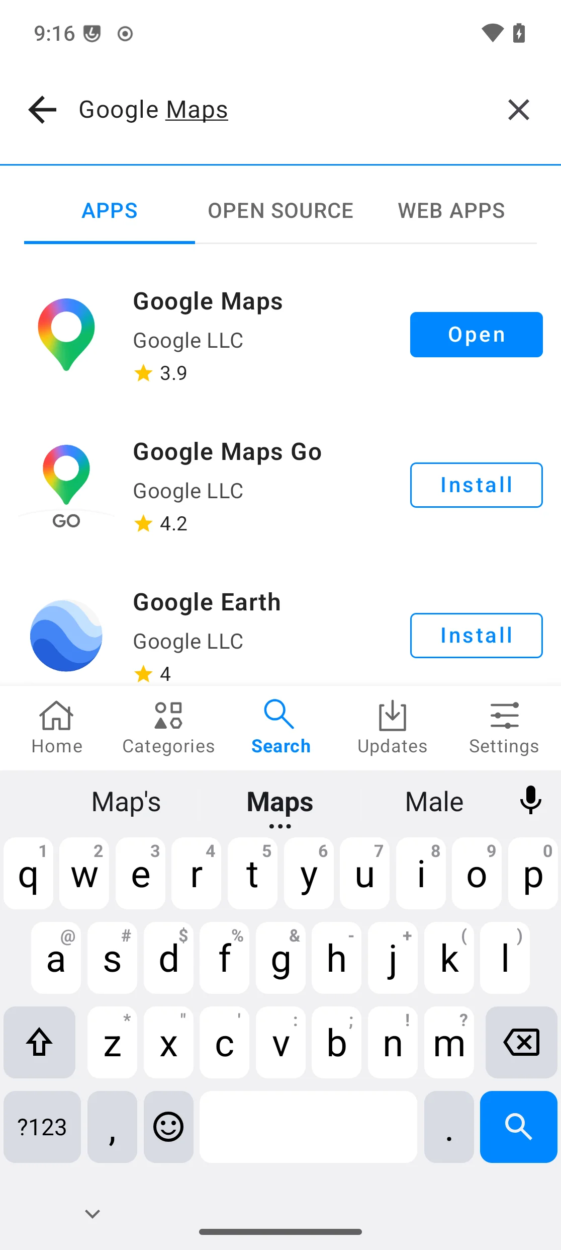 App Lounge showing Google Maps installed, with an Open button