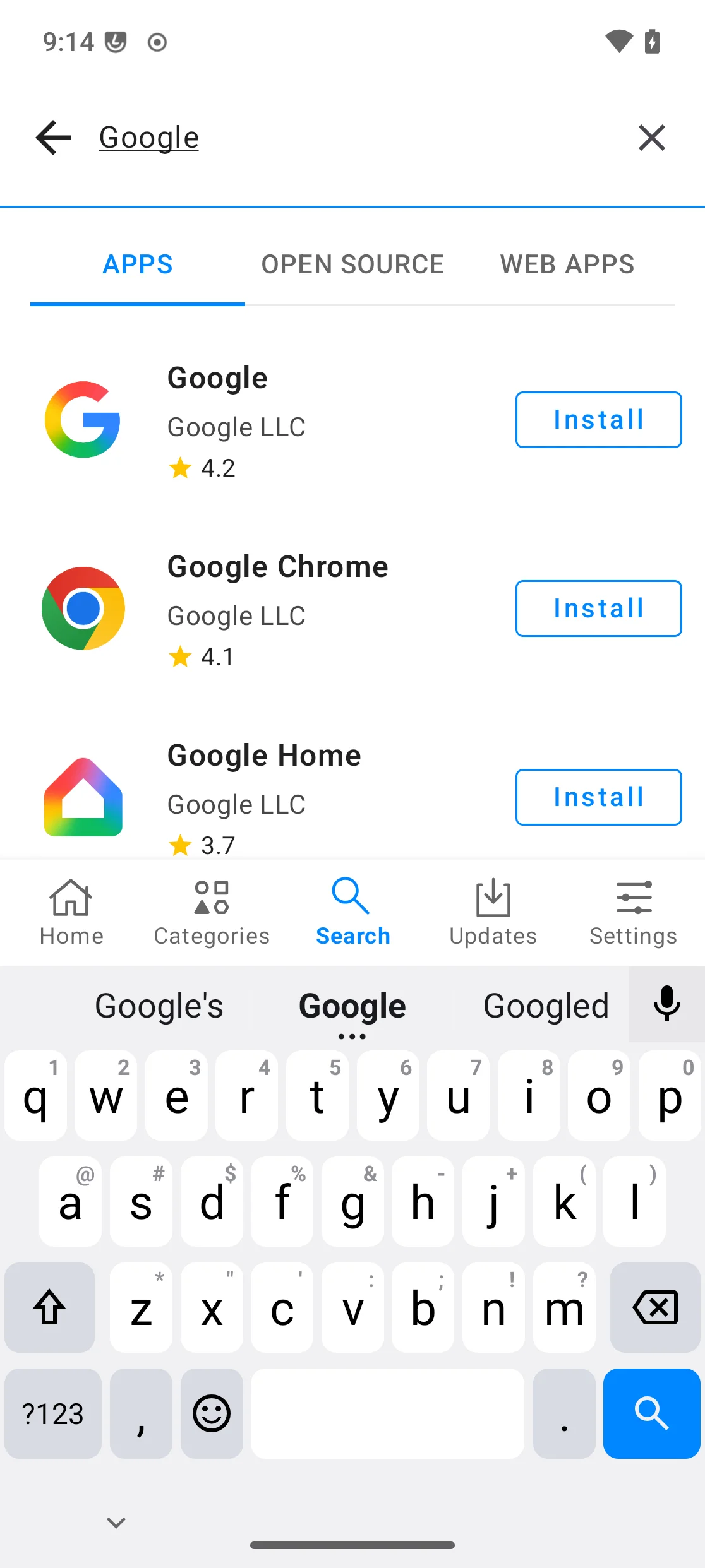 App Lounge search results for “Google”, showing the Google app with an Install button