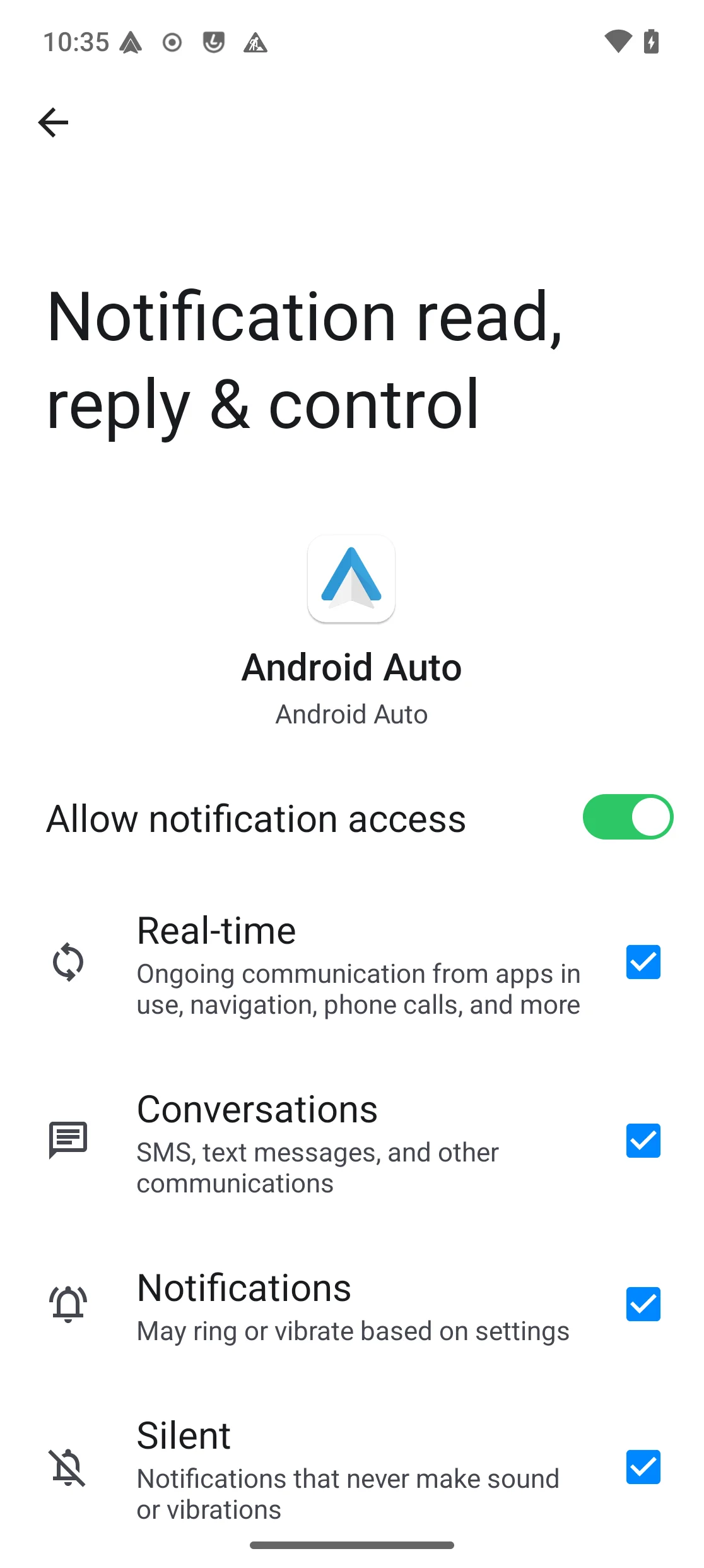 Notification access page showing the toggle turned on for Android Auto