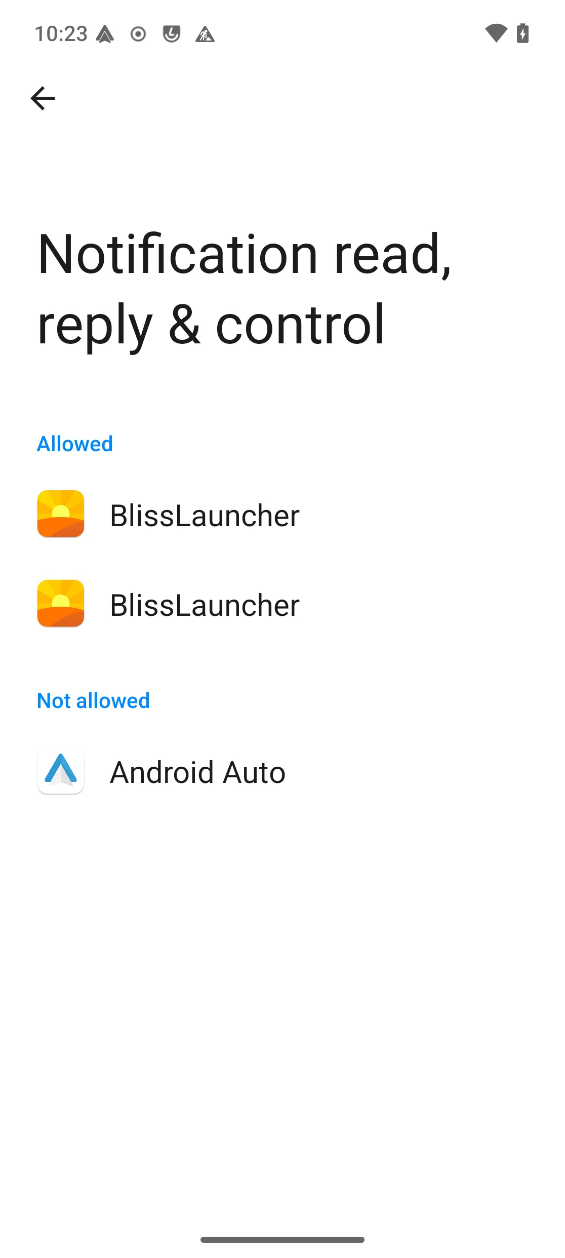 Notification access settings page, with Android Auto listed under “Not allowed”