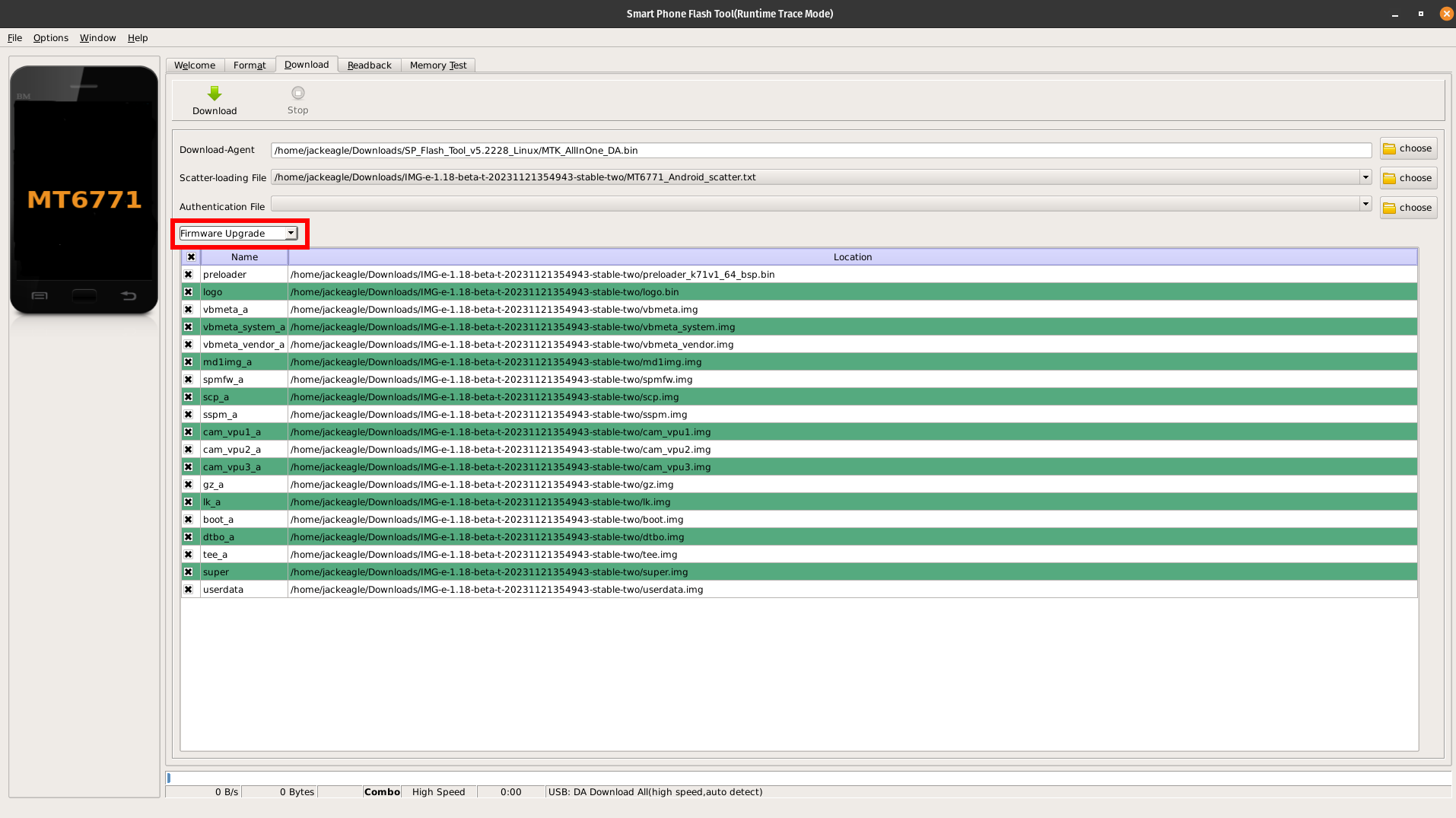 Flash Tool Configuration.