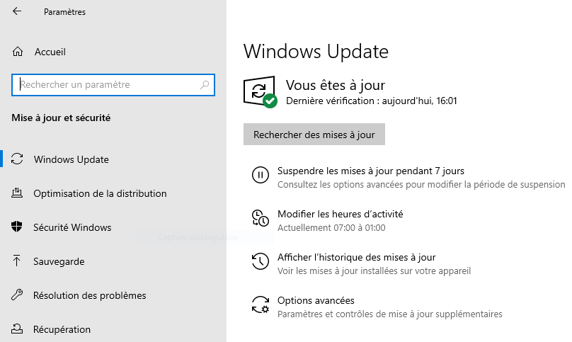screenshot of windows update menu