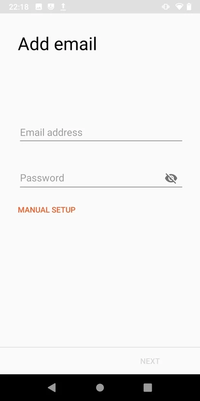 Add mail screen Add mail screen showing empty login and password fields