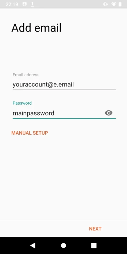 Add mail screen filled Add mail screen showing filled login and password fields